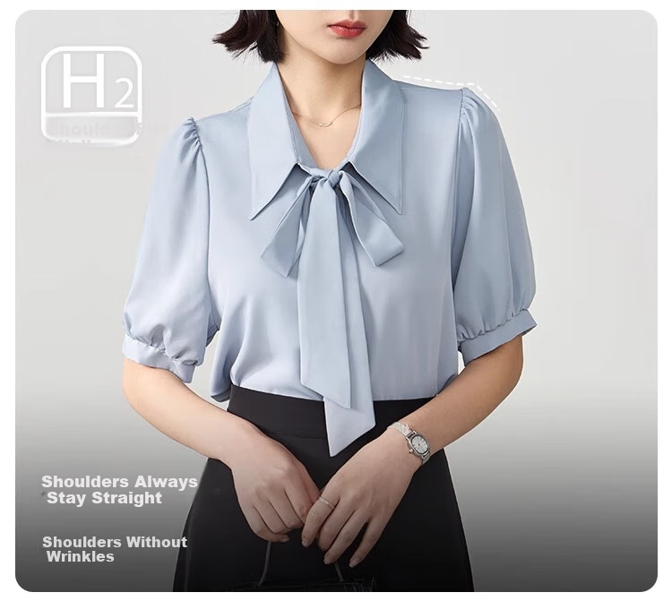 Bodexiaojie Blue Short-Sleeve Shirt for Women, Urban Daily Commute Outfit, Petite Chiffon Blouse, Interview Professional Shirt, Size M 10