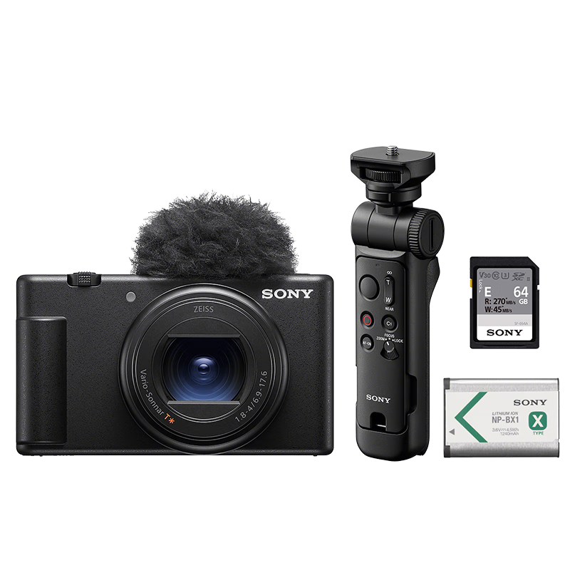 SONY ZV-1M2 Black Pocket Camera + GP-VPT3 Bluetooth Grip + SF-E64A Memory Card + NP-BX1 Battery, 4K Video/Ultra-Wide Shooting Grip Set