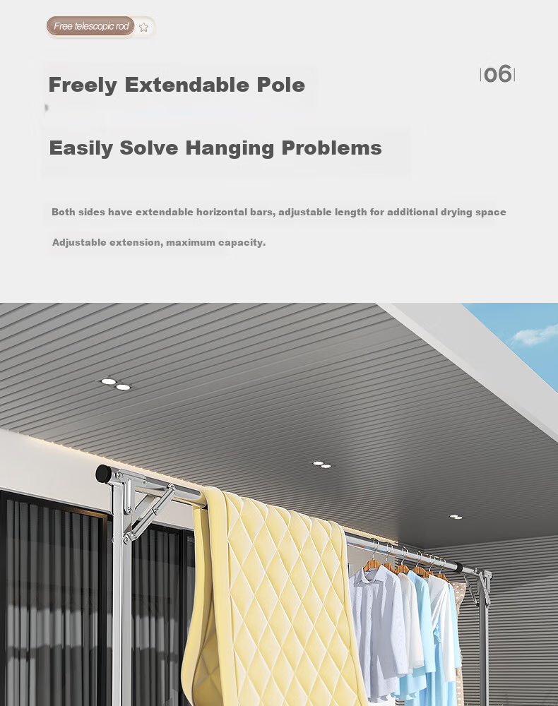Shengnuoyilin Folding Clothes Drying Rack, Floor-Standing Home Use Stainless Steel Single Pole Balcony Quilt Hanger, Height Adjustable Extendable Model 1.6m 7