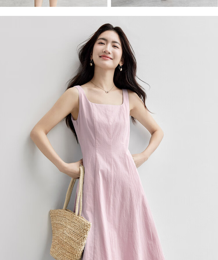 Shangdu Bila 100% Cotton A-Line Dress Women Summer Slim Waist Spaghetti Strap Square Neck Casual Mid-Length Dress 19