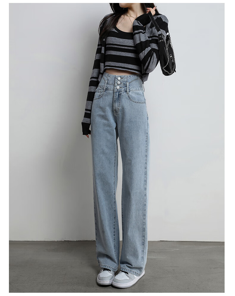 Romon [Cotton Stretch] Women's Summer High-Waist Slim Fit Simple Casual Loose Wide-Leg Jeans Dark Blue S 10