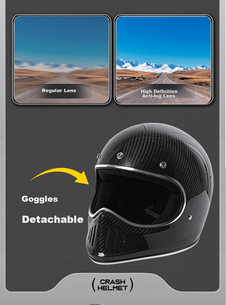 MYARMOR Carbon Fiber Full-Face Anti-Fog Goggles, Personalized Motorcycle Helmet, Lightweight Vintage All-Season Universal Motorcycle Helmet for Men And Women, Glossy Black XL (58-60) 10