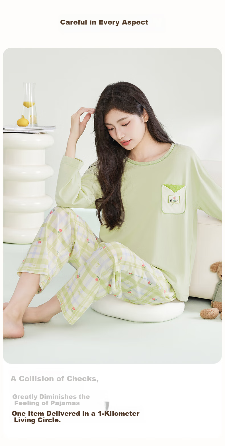 Manza Women's Pure Cotton Pajamas, Spring And Autumn 2025 New Style, Wearable Outside, Long Sleeves, Long Pants, Round Neck Pullover, Plus Size Loungewear Set 4