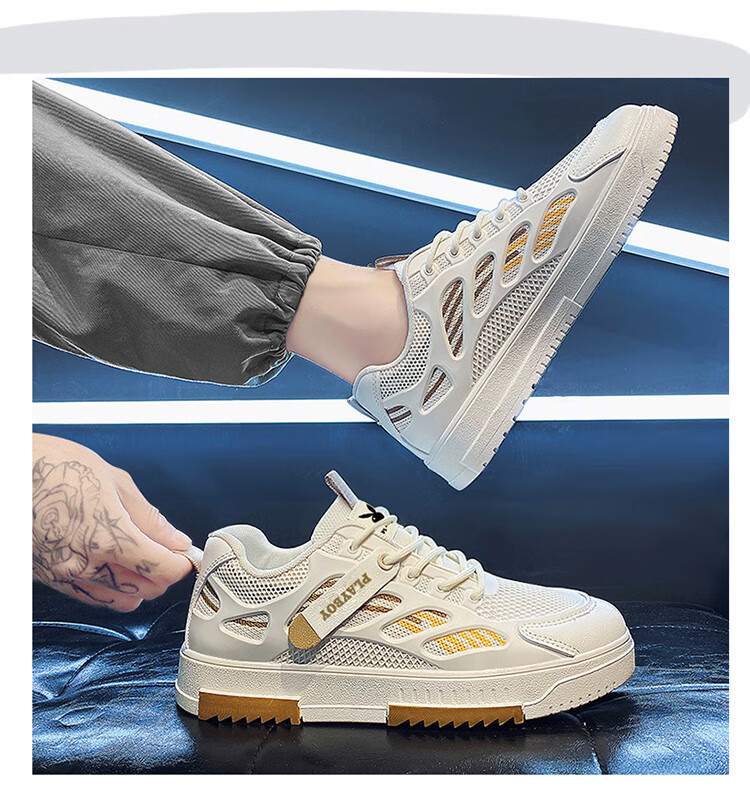 PLAYBOY Men's Casual Sneakers 2026 Summer Breathable Thick-Soled Beige Shoes Size 40 4
