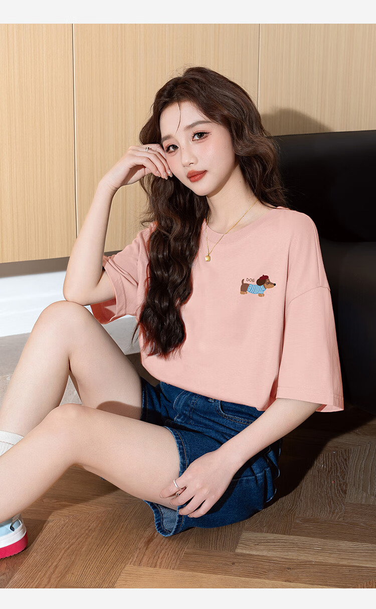 TonLion 2025 Summer Women's Knitted Short Sleeve T-Shirt with Left Chest Puppy Print Black M 5