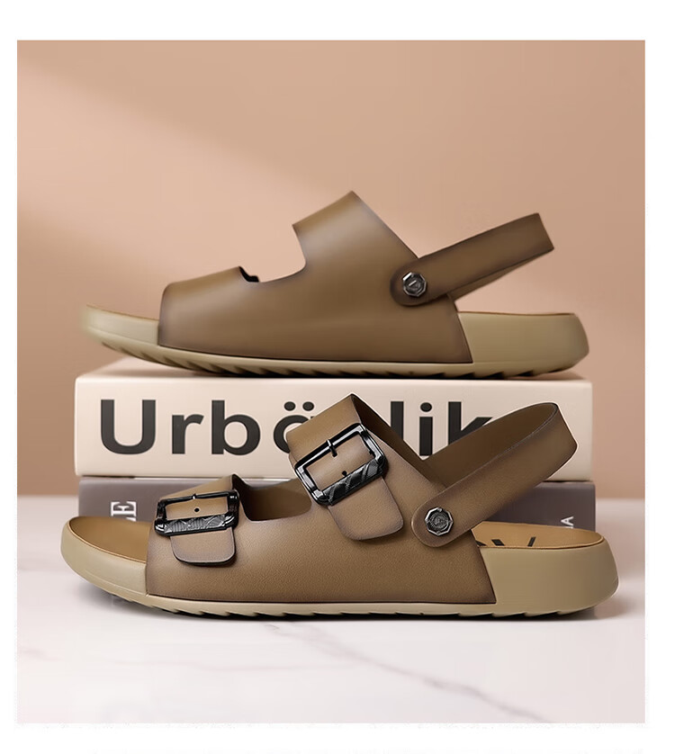 Aokang Men's Sandals, Summer Beach Shoes, Casual Slippers, Soft-Soled Sandals, Khaki Color, Size 42 3