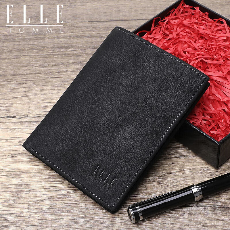 ELLE HOMME Men's Short Wallet First Layer Cowhide Multifunctional Card Holder Horizontal Wallet 01530 Birthday Gift for Men