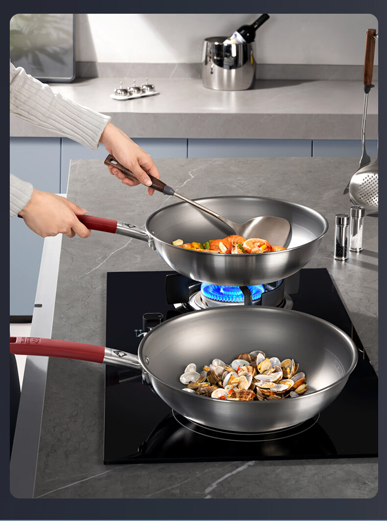 KOBACH 32cm Titanium Non-Coated Non-Stick Wok 316L Stainless Steel Stir-Fry Pan Compatible with Stove 16
