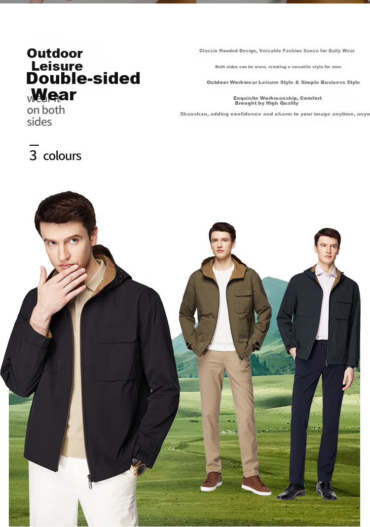 FIRS Double-Sided Hooded Jacket for Men, Spring And Autumn Zipper Windproof Rain-Resistant Adjustable Outdoor Commuter Coat 2