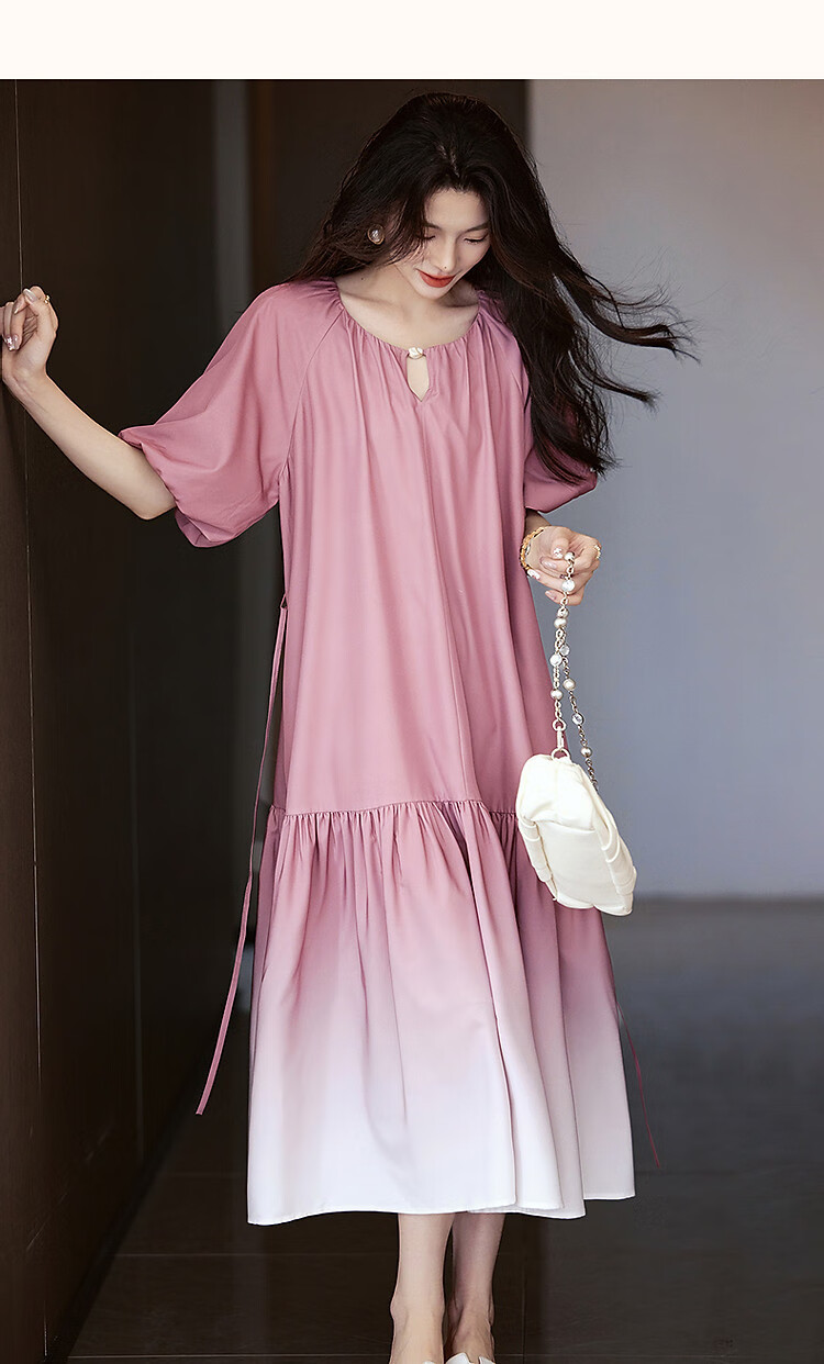 Dme [Ou Ruo Feng Girl] Summer Elegant Gradient Printed Lantern Sleeve Hollow Lace Tie A-Line Women's Dress 11