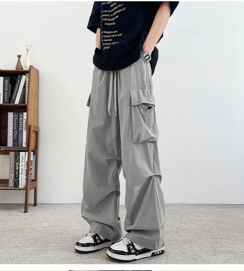 Homlean American-Style Wide-Leg Cargo Pants for Men, Summer Straight Loose Paratrooper Functional Tactical Casual Trousers KMX06 Black L 3
