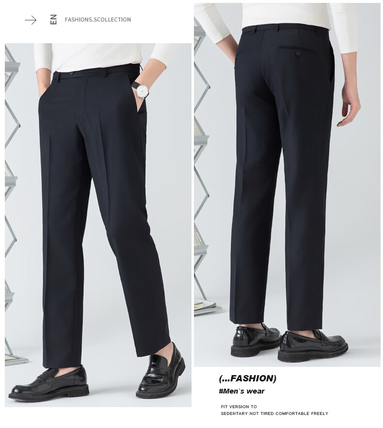 FIRS Men's Non-Iron Summer Loose Casual Business Dress Pants Straight Leg Trousers Navy Thin 29 15