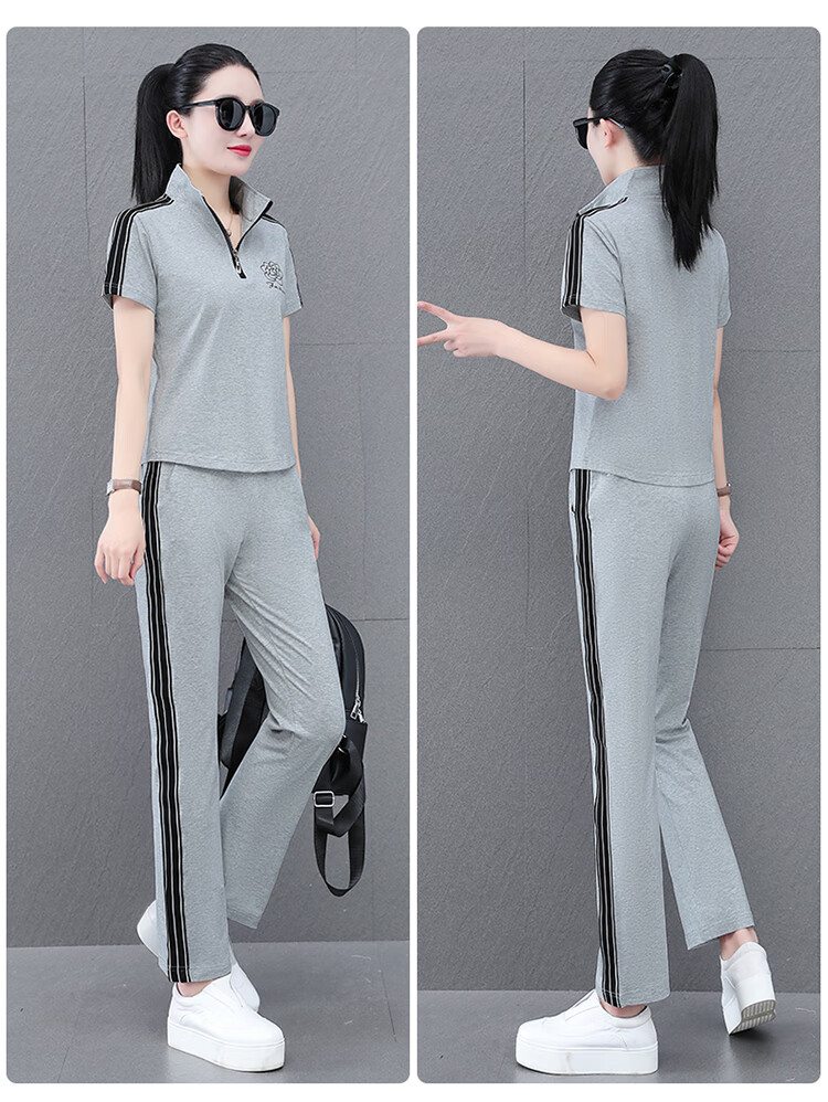 Woodpecker Zipper Sportswear Set for Women Summer Thin Cotton Middle-aged Fashion Casual Stand Collar Two-piece Khaki 2XL 24