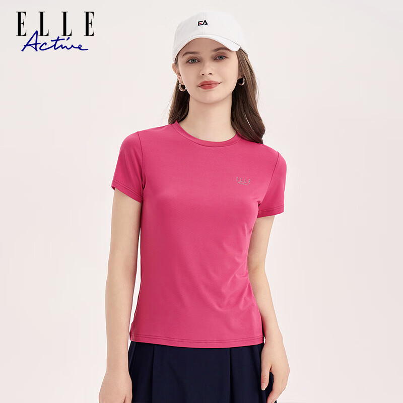 ELLE ACTIVE Quick-Dry Women's T-Shirt Short Sleeve Summer Sportswear Casual Comfortable Running Moisture-Wicking Outdoor Shirt Rose Red L