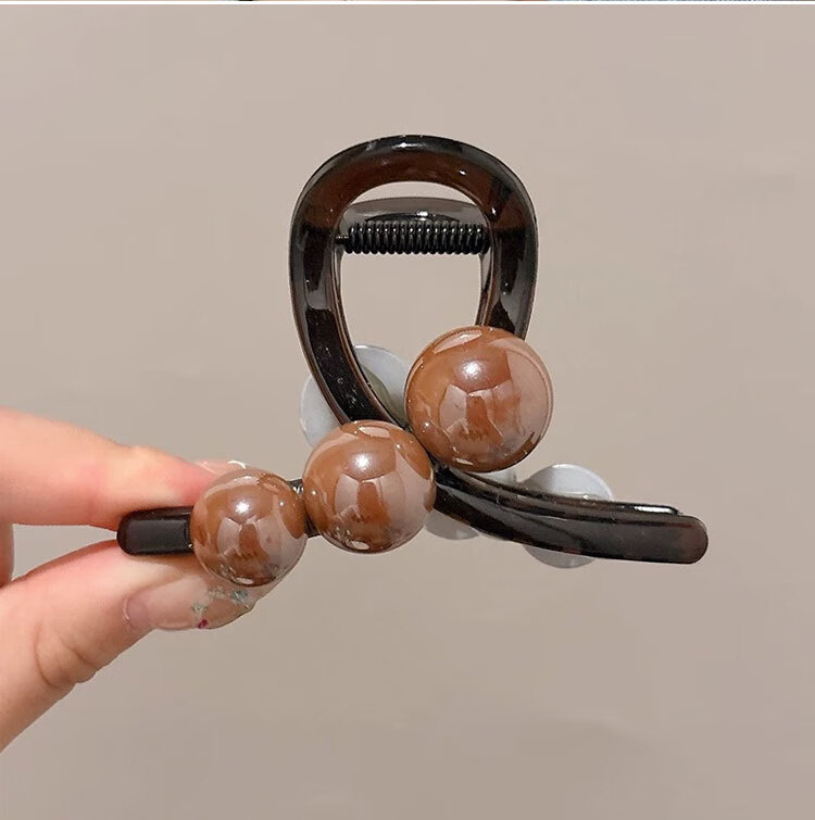Liqing French Elegant Pearl Shark Clip Hair Claw, High-End Bun Maker, Volumizing Back of Head Hair Clip for Women, Deep Brown, Approximately 8cm 5