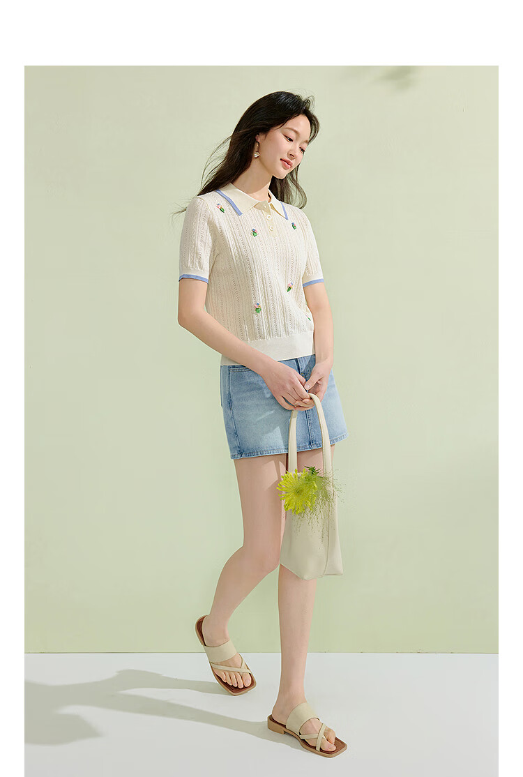 Inman French Style Hollow Out Thin Knitwear 2026 Summer New Women's 3D Flower Short Sleeve Top Cream White L 2