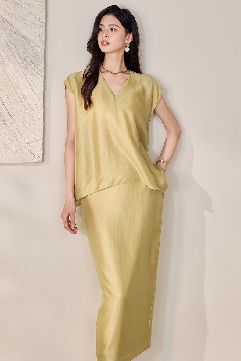 ROEYSHOUSE Women's Summer Casual Slim V-Neck Tie Two-Piece Set Top and Skirt 12233 Yellow M 2