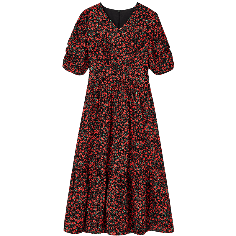 Dme [Nongqing French Style] Summer Lightweight Chiffon Printed V-Neck Short-Sleeve Waist-Cinching Ruffle Elegant Women's Dress