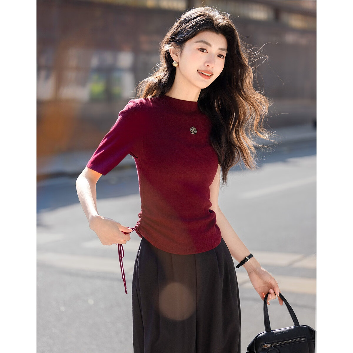 Demana Drawstring Waist Slim Fit Autumn Half Turtleneck Mid Sleeve Knit Top for Petite Women