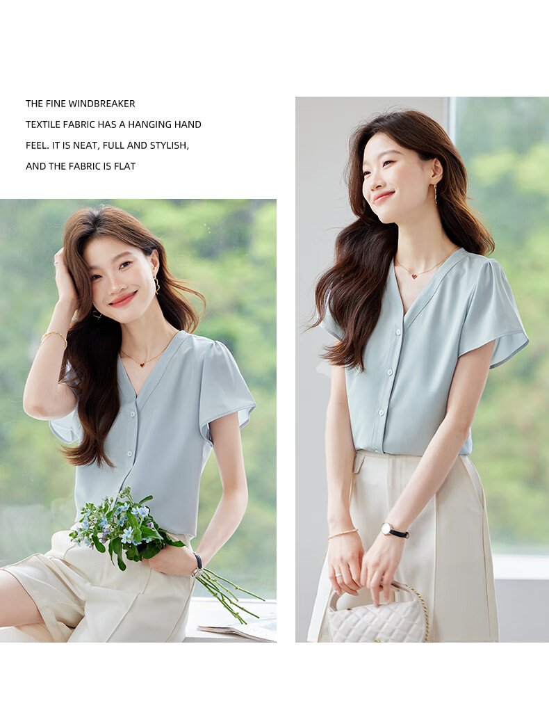 Jeanswest Women's Shirt 2026 Summer Short Sleeve Elegant Versatile Fashion V-Neck Solid Color Top Blue L 9