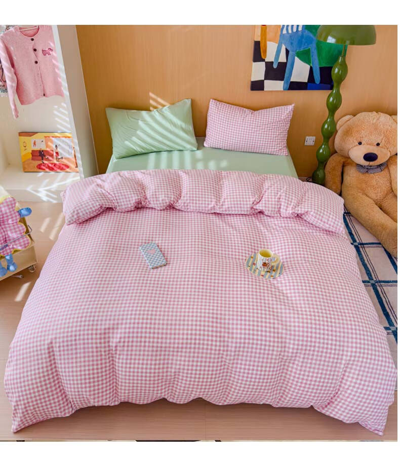 Yalu Class A Antibacterial Double-Layer Gauze, Home-Use Antibacterial Breathable Ultra-Soft Double-Layer Gauze Washed Cotton Bedding Set - Pink Apricot Check Pattern Suitable for 1.5/1.8m Bed, Duvet Cover 2m*2.3m 2