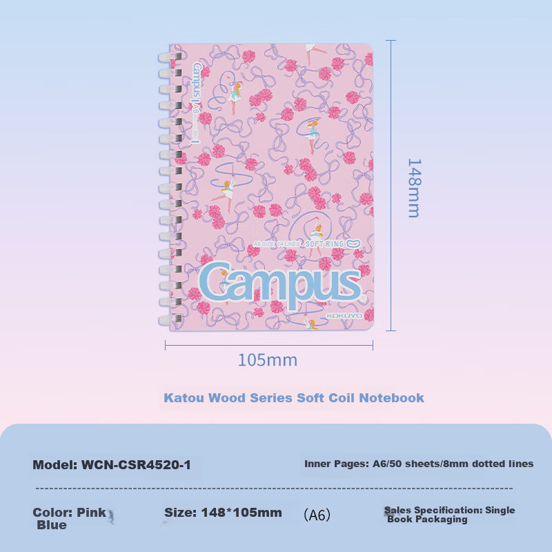 KOKUYO A6/50 Sheets/8mm Dotted Line Soft Spiral Notebook, Comfortable for Students' Notes, Soft Cover for Office And Memo Writing, Pink Blue, 1 Pack WCN-CSR4520