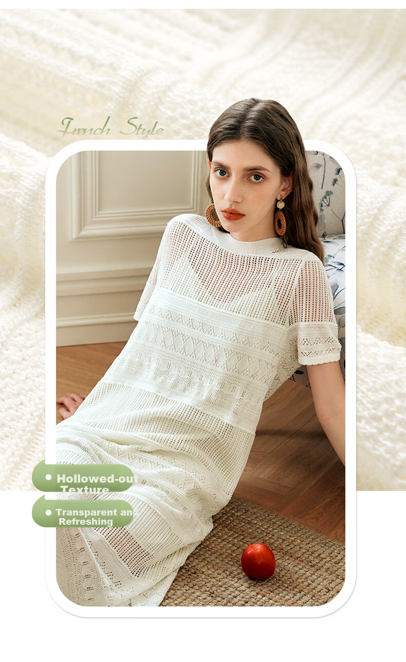 Olrain Hollow Out Dress Women Summer Vacation Style Spaghetti Strap Two-Piece Knitted Long Dress Coconut Milk White S 11