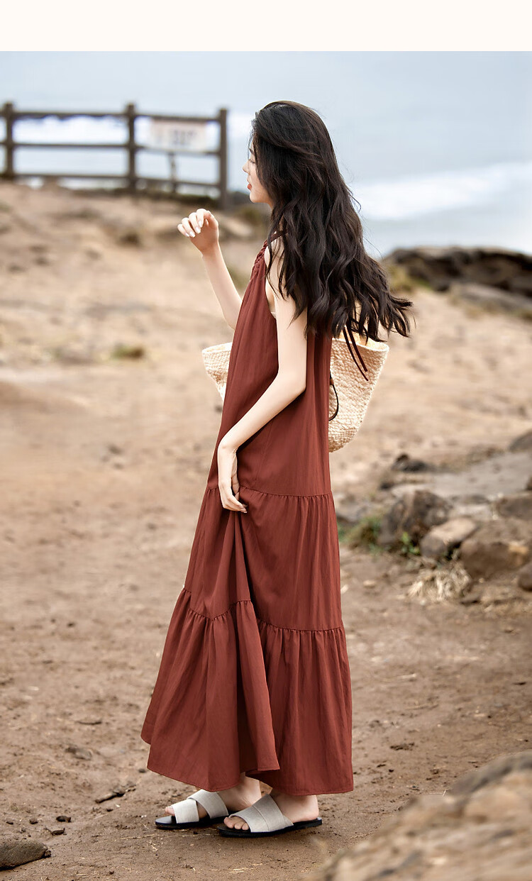 Demana [Neck-Tie Halter] Summer Elegant Vacation Style Handmade Gathered Collar Off-Shoulder A-Line Waistless Women's Dress 15