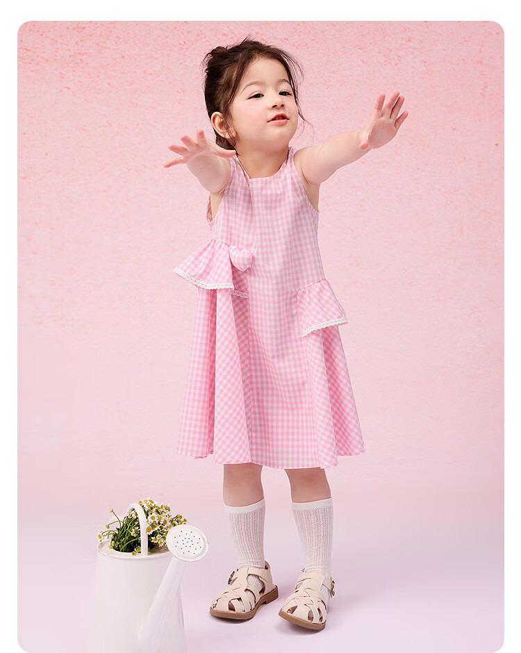 BALABALA Girls' Dress, Children's One-Piece Dress, 2025 Summer Style, for Young And Middle-Aged Children, Plaid Sleeveless Princess Dress, 208225111016 10