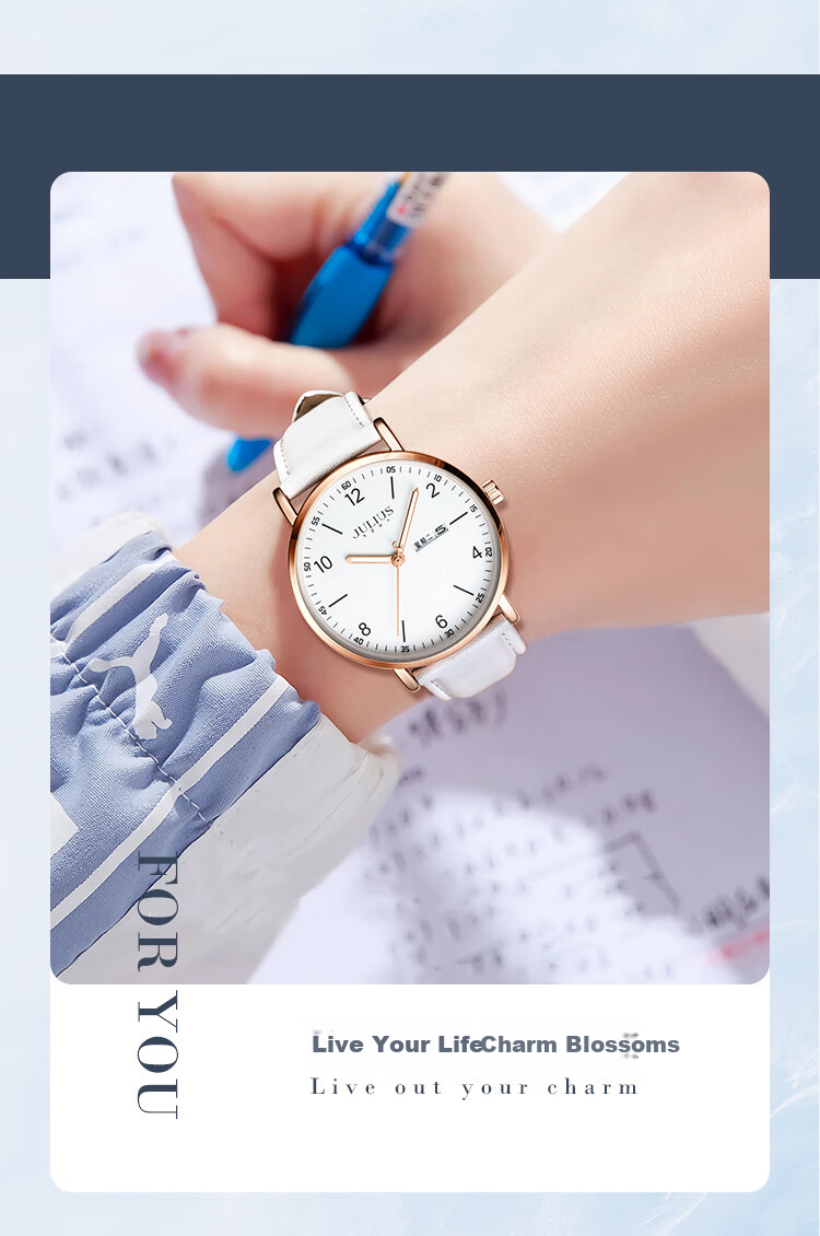 Julius Watch for Women, New Model, Suitable for Middle School And High School Students, Female Students' Exam Calendar Quartz Watch, White JA-1516LB 4