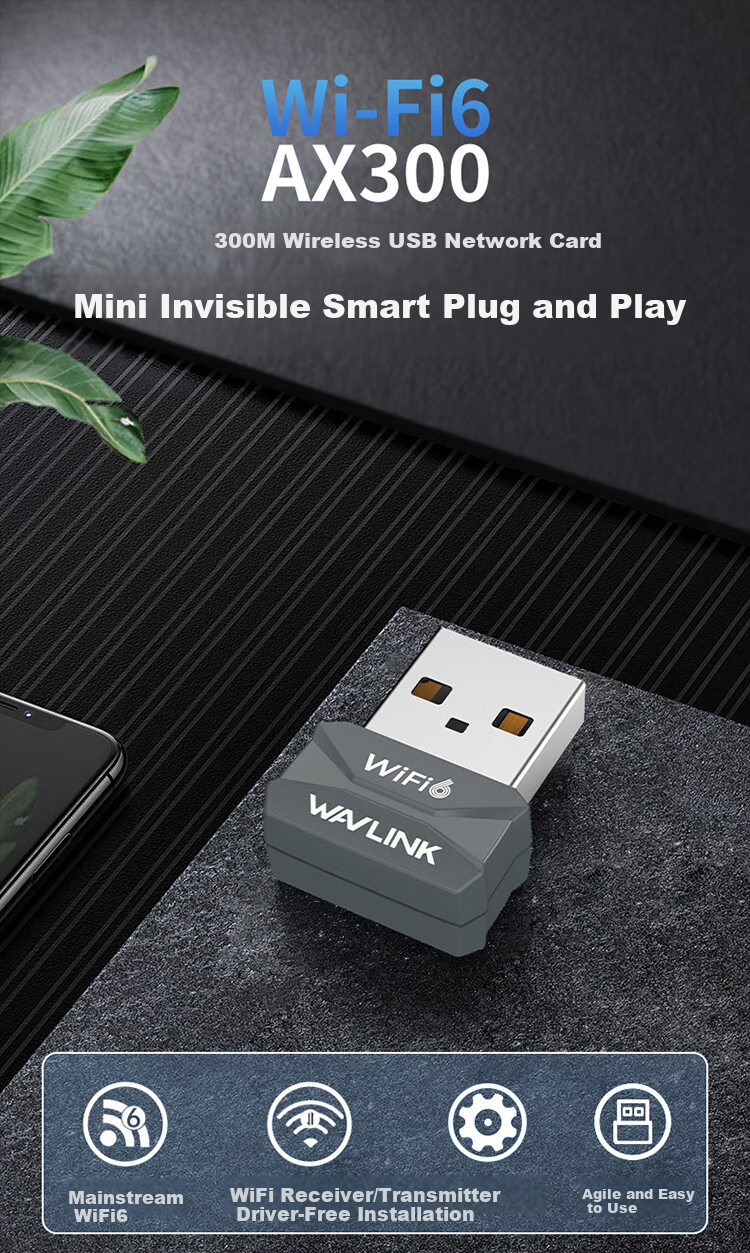 Wavlink WiFi 6 Driverless AX300 Mini USB Wireless Network Adapter for Desktop Computers, External WiFi Receiver And Transmitter for Laptops 687X1F 1
