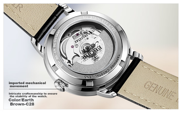 EBOHR Watch, Master Series Casual Leather Strap Mechanical Watch for Men And Women, Birthday Mid-Autumn Festival Gift, 36170135/142 10