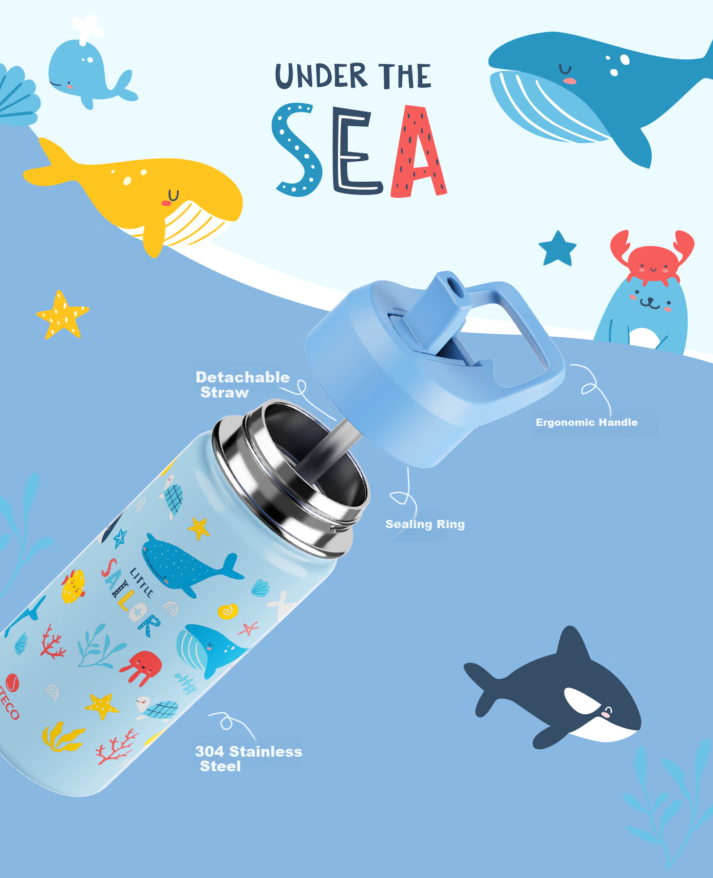 SANTECO Children's Insulated Cup, Stainless Steel Direct Drinking Straw Water Bottle, Kindergarten Student Baby Dual Drinking Water Bottle, Construction Vehicle 1