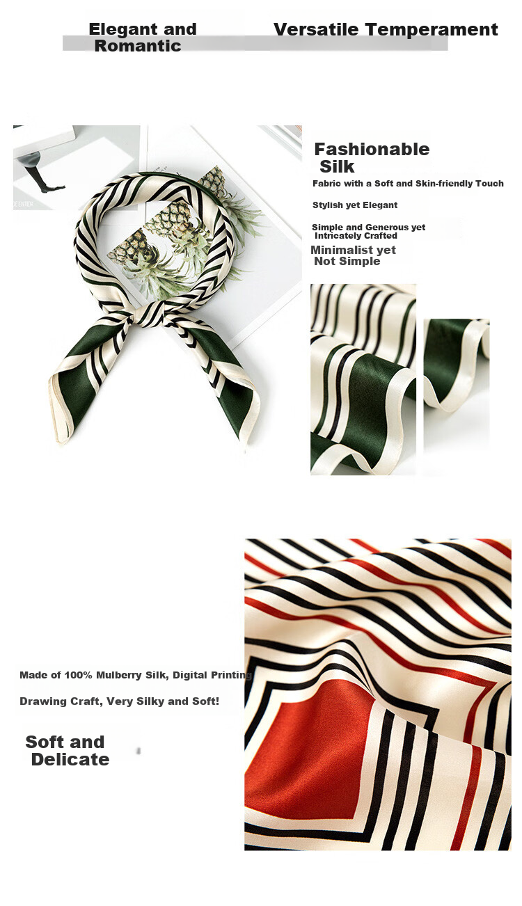 Sijie 100% Mulberry Silk Scarf, Women's Striped Printed Square Scarf, Mother's Day Gift, Mid-Autumn Festival Gift, Silk Neck Warmer 4