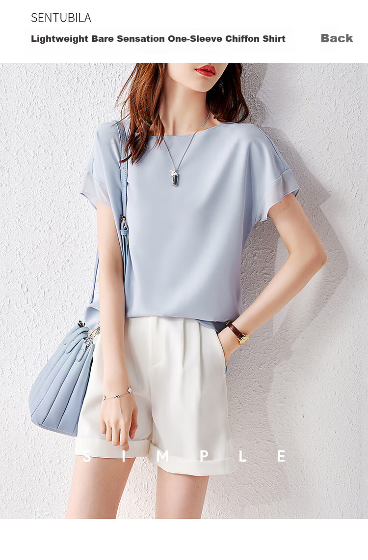 Sentubila Spliced Short-Sleeve Chiffon Blouse for Women, Slimming Tummy-Covering Top, Summer Lightweight Casual T-Shirt, Light Blue, S 1
