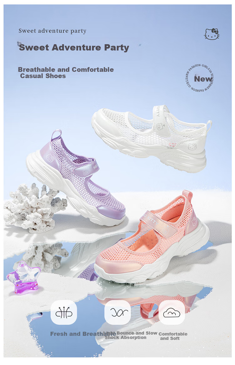 Hello Kitty Girls' Sneakers, Children's Sports Shoes, Single Mesh White Shoes, Breathable Summer Shoes for Kids, Princess Flats, 6849 Purple, Size 37 1