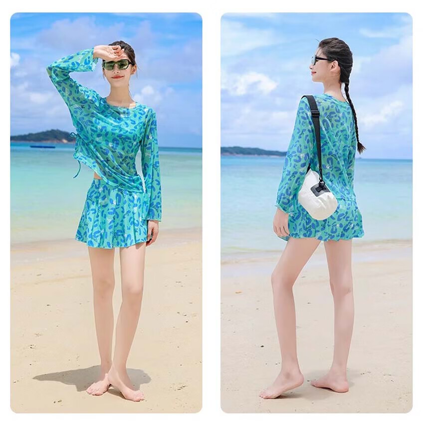 Barbie Women's High-End Conservative Long-Sleeve Swimsuit Set with Skirt for Beach Vacation, Slimming And Concealing Three-Piece Swimwear 10
