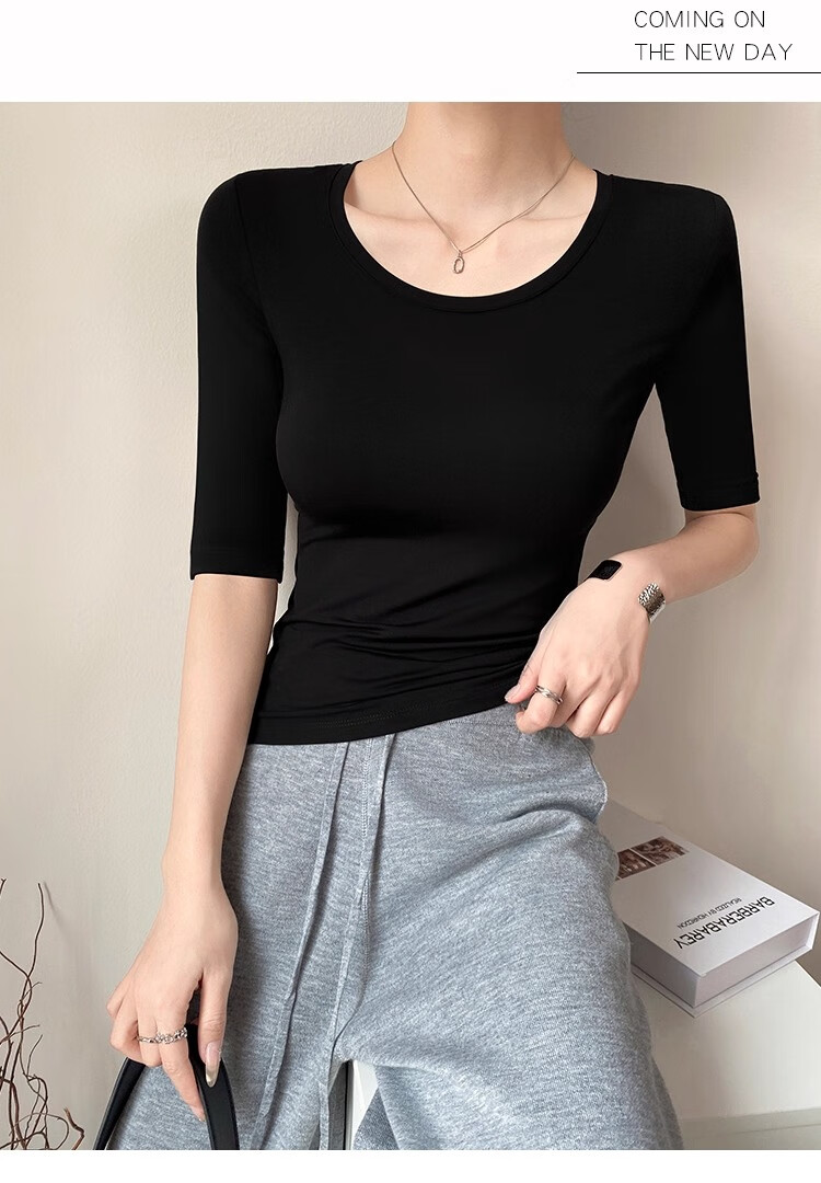 NOME White T-Shirt for Women, Mid-Sleeve Round Neck Summer Modal Undershirt Slim-Fit Solid Color Three-Quarter Sleeve Top Black L 4