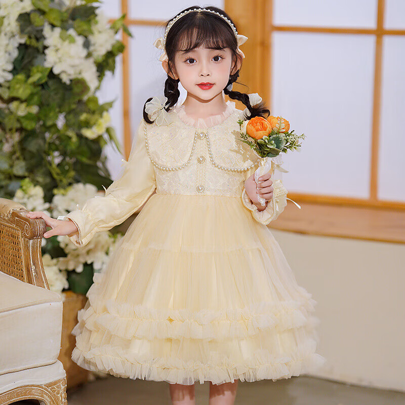 LUOBOBEIBEI Girls' Dress Piano Performance Autumn Winter Elegant Little Girl Party Dress Beige 120