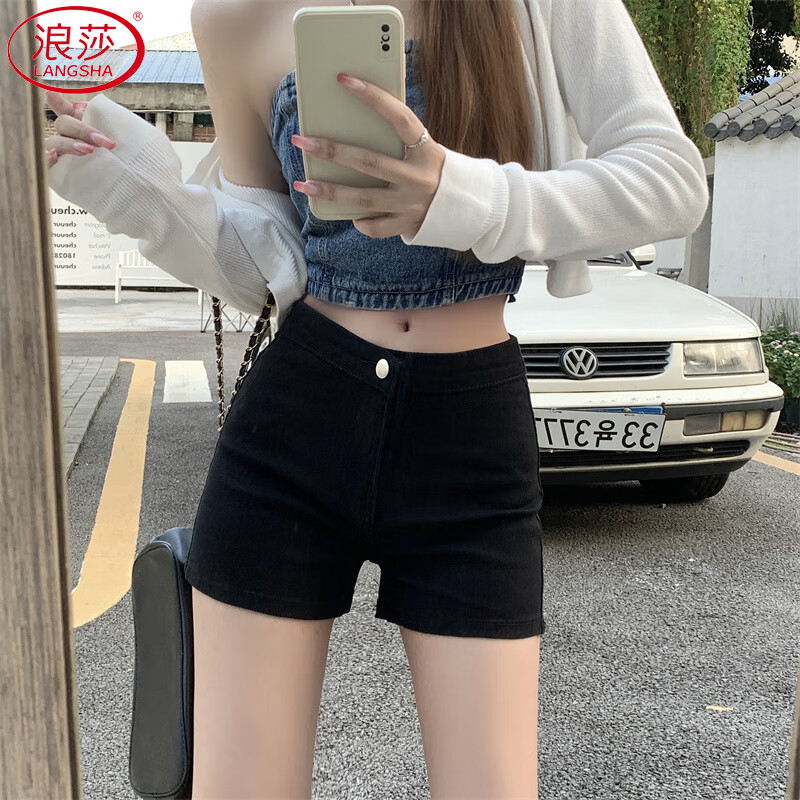 Langsha Black Denim Shorts Women Summer New High Waist Slim Fit Ins Trendy Hot Pants