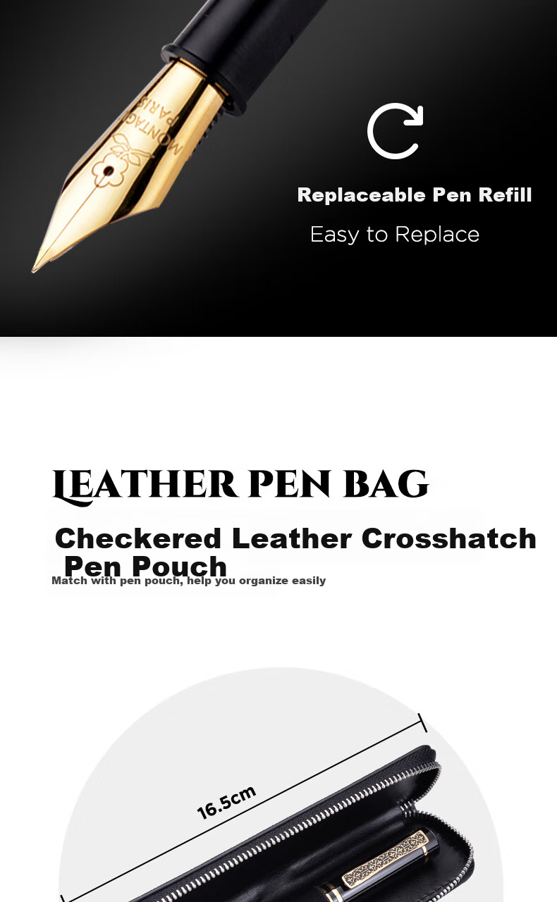 MONTAGUT [Mid-Autumn Festival Gift] High-End Fountain Pen Gift Box, Leather Zipper Pen Case, Spiral Pen Cap, Vintage Set, Zun Chong Series, Kitanmu Series, 0.5mm 11