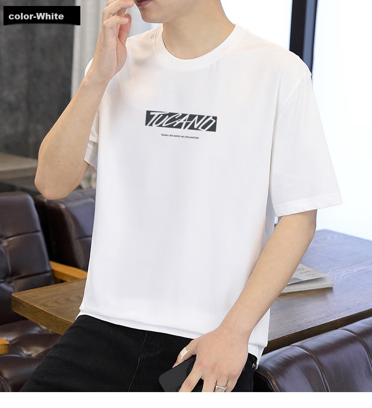 TUCANO Short-Sleeve T-Shirt for Men, Summer Pure Cotton Casual Versatile Round Neck Fashionable Printed T-Shirt Top Men's Undershirt 7