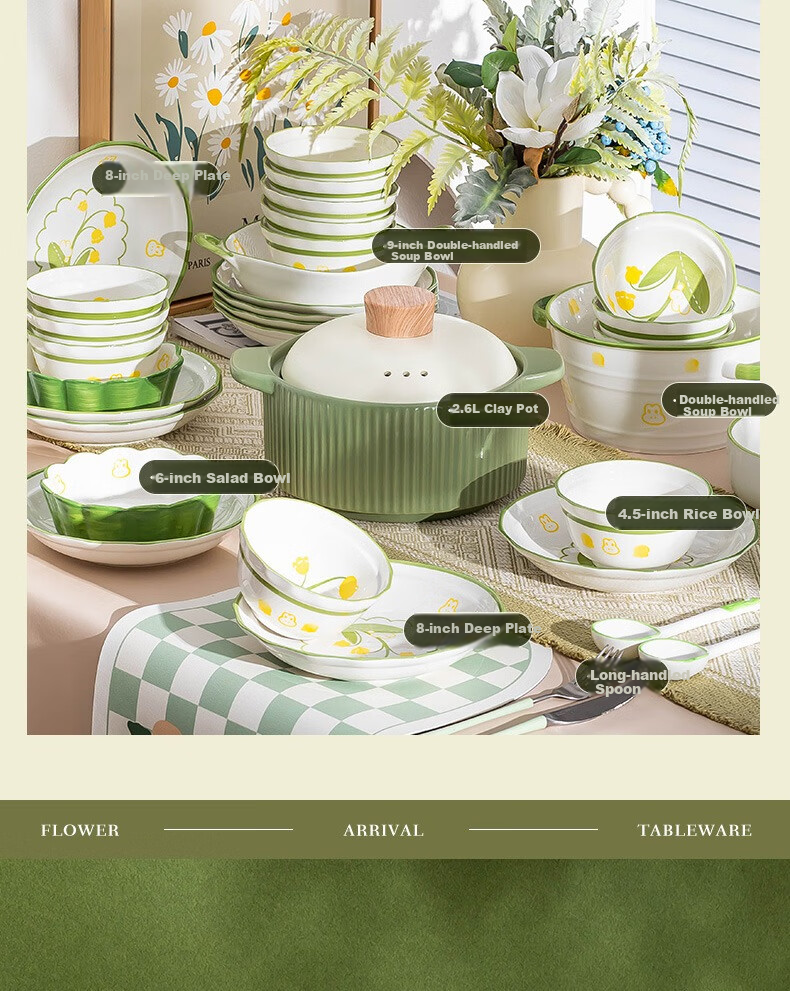 KANGMO Tableware Set, New Home-Use High-Temperature Underglaze Color Fresh Ceramic Bowls And Plates, Complete Dinnerware Set, Lily of The Valley Rabbit Design, 18 Pieces 11