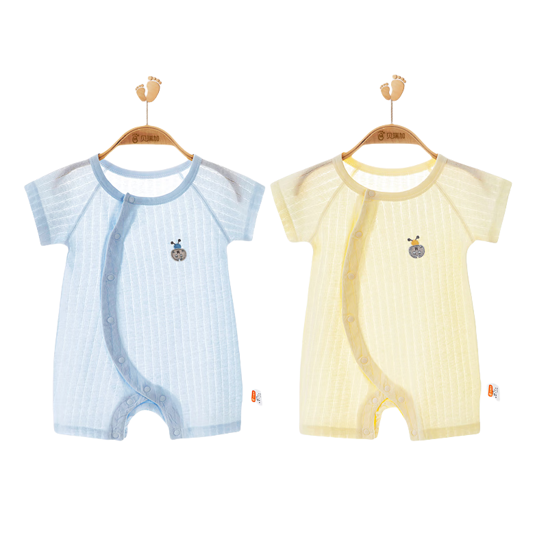 Babyprints Baby Romper 2-Piece Set, Short-Sleeve Summer Onesie, Pure Cotton Thin Style, Home Underwear, Infant Bodysuit, Blue And Yellow, Size 90