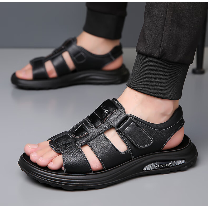 Aokang First Layer Cowhide Men's Sandals Beach Shoes Cowhide Trendy Middle-aged and Elderly Dad Leather Sandals Black 41 14