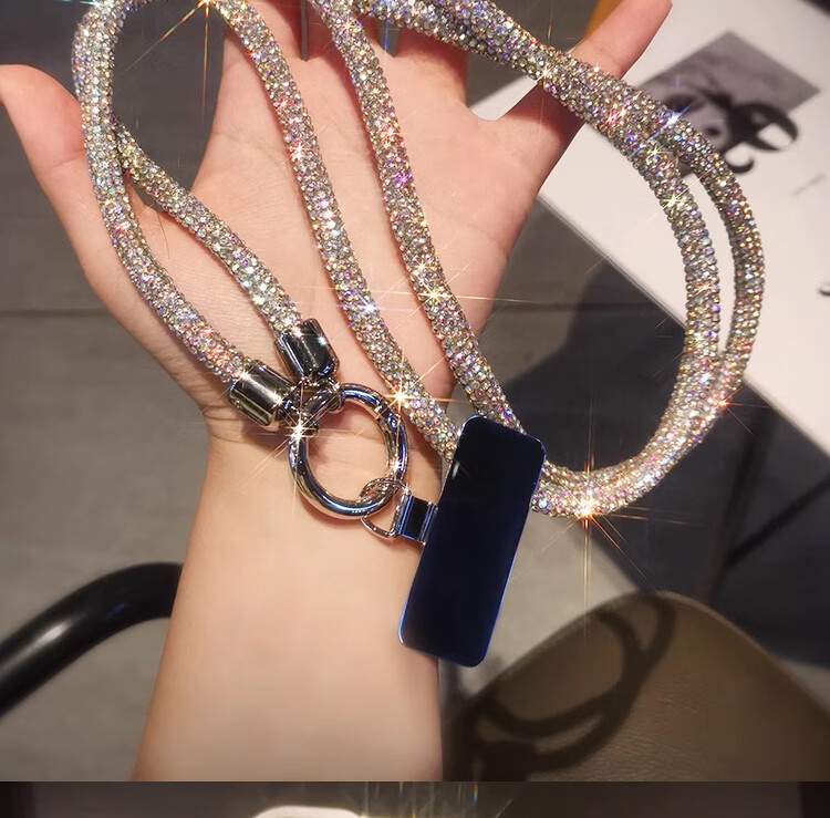 Dipuer Phone Chain Lanyard, Long Luxury Diamond Chain, High-End Anti-Loss Strap, Phone Neck Strap, Stainless Steel Clip, Patch, Women's Style [Silver Diamond Chain] 4