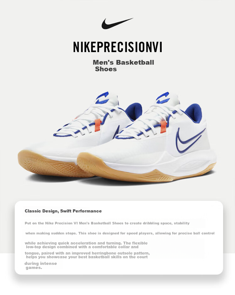 NIKE Men's Basketball Shoes, PRECISION VI Low-Top Sneakers, HV1796-141, White, Size 44 1