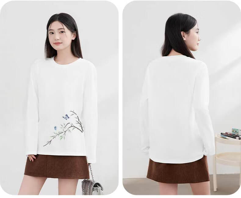 Warrior Women's Pure Cotton Long Sleeve T-Shirt 2026 Spring Black Petite Loose Slim Fit National Style Base Layer Top 3