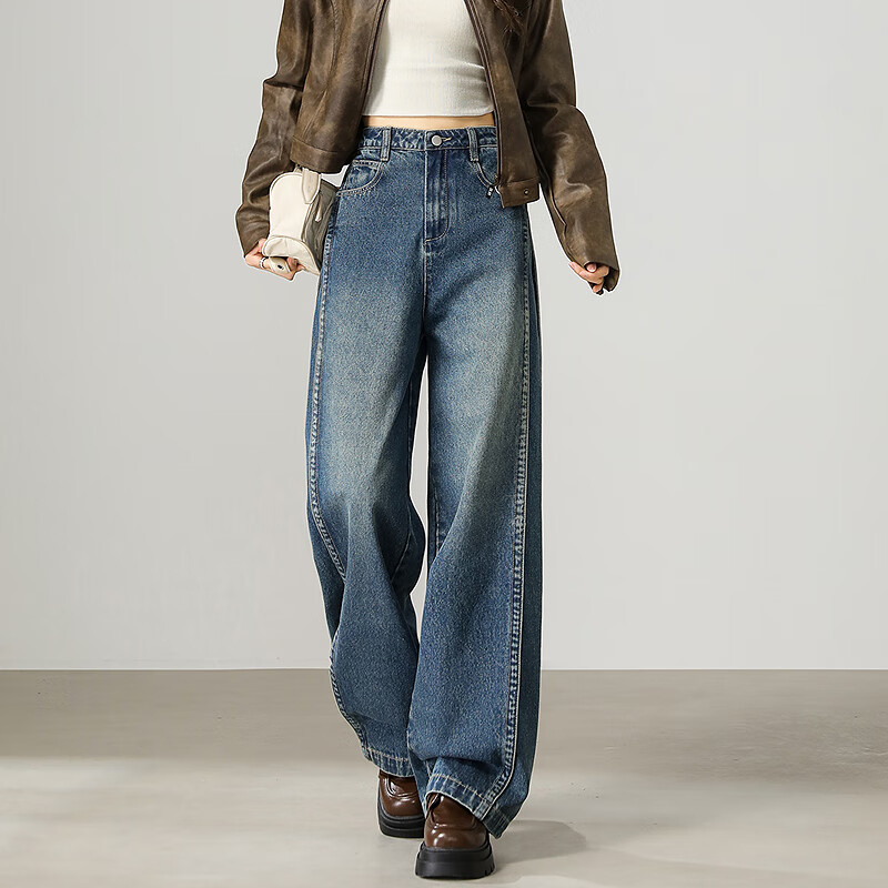 Tang Lion 2025 Autumn Women's Loose Side Detail Wide Leg Denim Pants