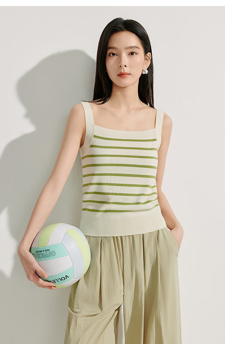 INMAN Striped Square Neck Knitted Camisole, 2026 Summer Women's New Short Fitted Top, Black, Size L 34